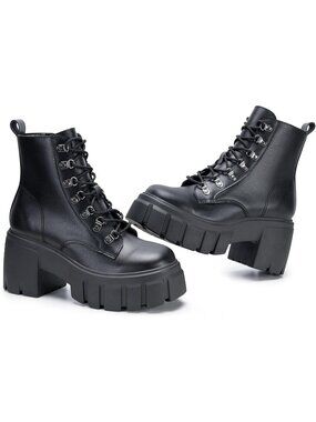 Women’s Black Combat Boots Lace up Side Zipper Ankle Botas High Heel Chunky